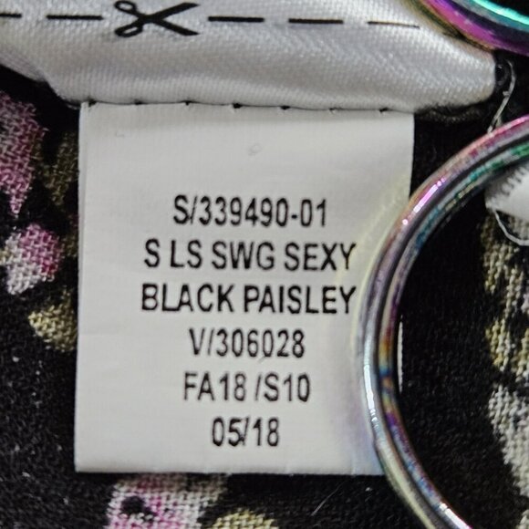 Old Navy Top Women M Black Floral Paisley Puff Sleeves Tassels Boho Whimsigoth - Picture 14 of 16